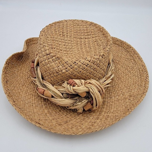 Cappelli Miami Florida Beige Vintage Wooven Straw Paper Sun Beach Hat Beads Knot - Picture 2 of 10